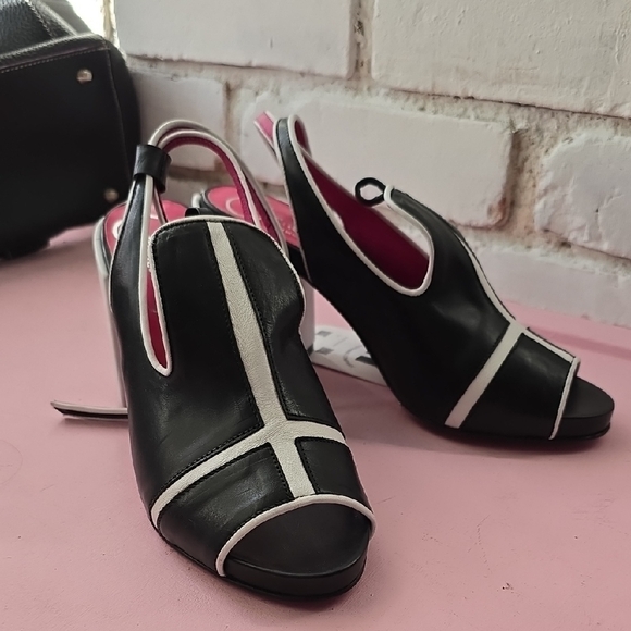 Chanii B Shoes - Black and White Open-Toe Slingback Heels peep toe mod ankle strap chunky​
